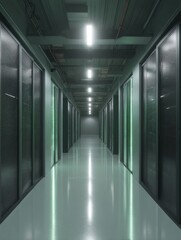 Data center corridor featuring illuminated server racks in a modern facility during the evening