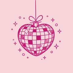 Vector illustration of a hanging heart shaped disco mirror ball in hand drawn sketch style, isolated pink monochrome doodle icon for romantic disco or party theme