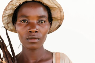 Focused young Malagasy female vanilla bean farmer, isolated on white background 