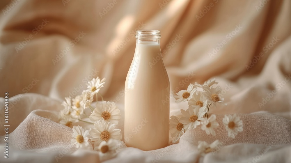Poster close-up view of a bottle of milk surrounded by soft fabric and delicate flowers on a light beige ba