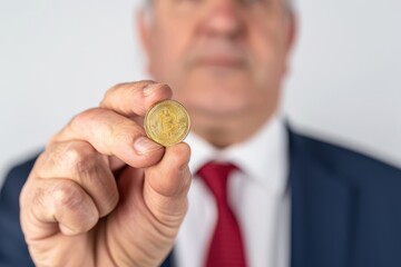  Middle-aged White male banker holding a coin between fingers, isolated on white background