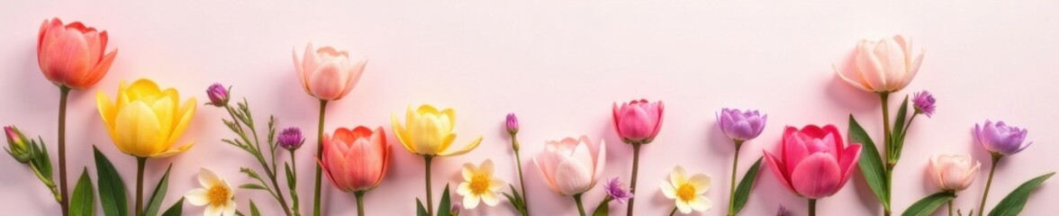 Fototapeta premium Pastel colors of spring flowers arranged in a decorative composition on a light-colored background, paper background, colored blooms, spring bloom