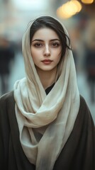a persian woman, dark hair, white skin, wearing head scarf, walking in tehran city center 