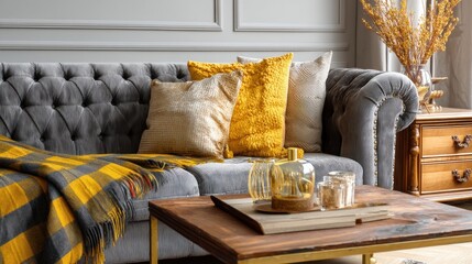 Cozy living room with a gray tufted sofa adorned with mustard yellow and gold pillows, complemented by a warm yellow and gray plaid throw blanket.