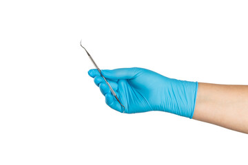 Dentist hand with dentist tools and healthy white tooth model on background. Dental care, dental...