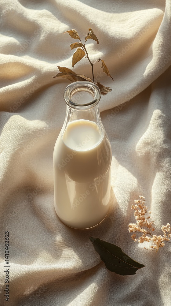 Poster close-up of a bottle of milk on a light beige fabric background with delicate decorations in a studi