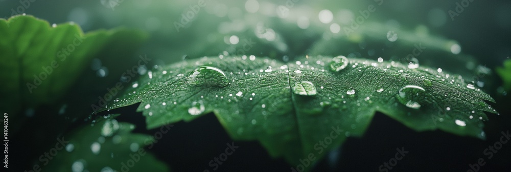 Poster close-up view of dew drops resting on vibrant green leaf with blurred background and natural texture
