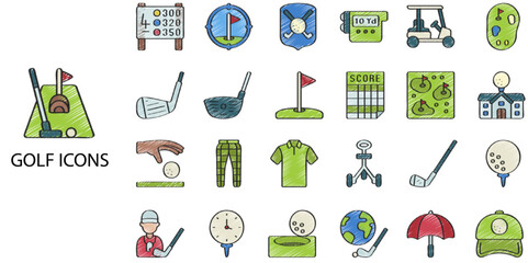 Golf simple concept 24 hand drawn color icons set. Contains such golf course, golf ball .Vector illustration.