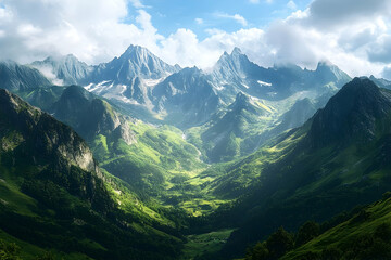 Naklejka premium Lush valley nestled amongst towering mountain peaks.