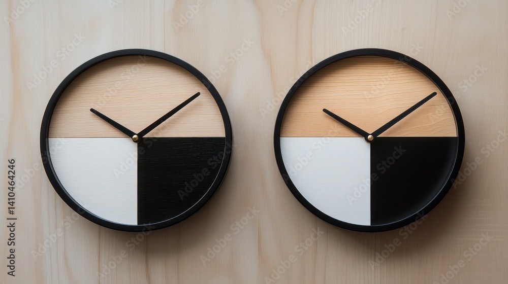 Poster two modern analog wall clocks with colorful segmented faces