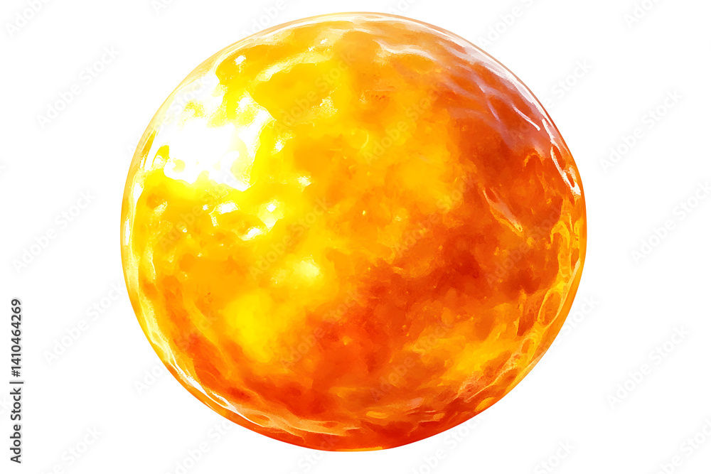 Poster radiant sphere glows with orange & yellow light, creating texture on the round form on a transparent