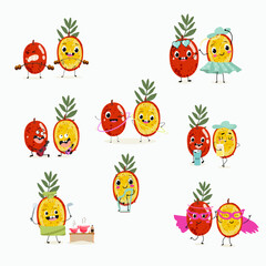 Red plum berry fruit. Natural vitamin antioxidant detox food collection. Vector hand drawn illistration.