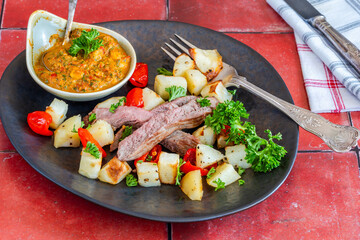 Lamb with smoky pepper sauce and saute potatoes