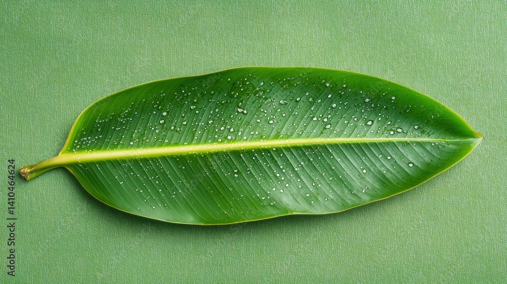 Poster close-up view of vibrant green leaf adorned with dew drops under soft natural lighting in a tranquil