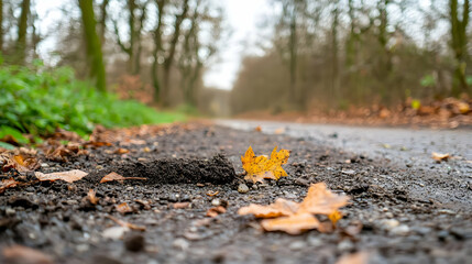Autumnal Forest Path With Yellow Leaf