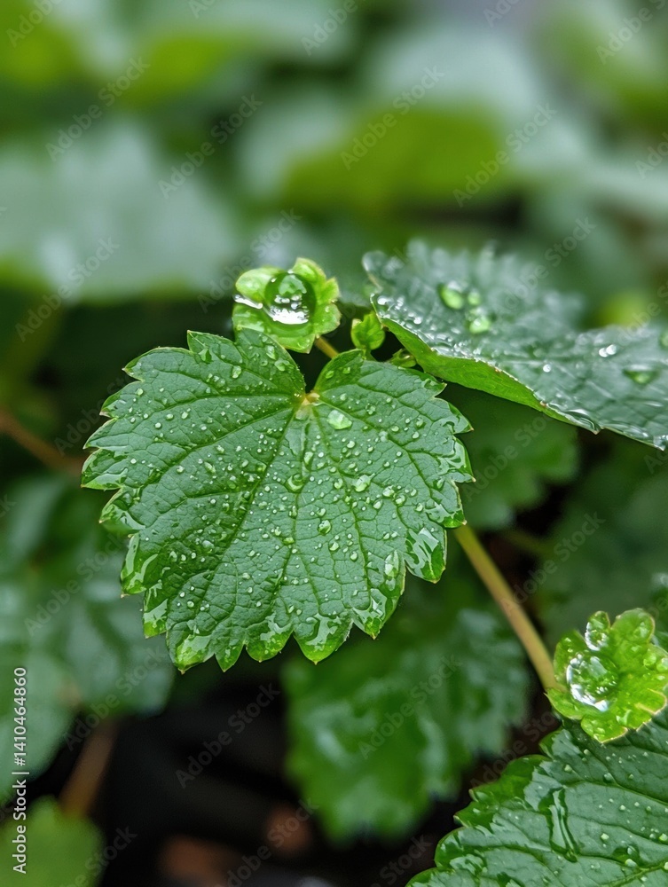 Poster close-up view of dew drops resting on a green leaf with blurred background, perfect for adding a ref