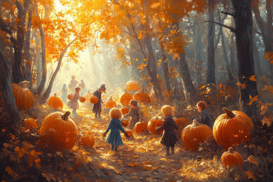 Children walking through a forest, amidst pumpkins.