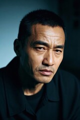 Obraz premium arafed man in black shirt staring at camera with serious look