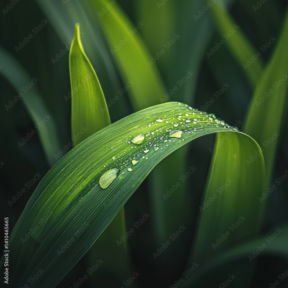 Poster close-up view shows dew drops resting on a lush green leaf surrounded by soft blurred greenery durin