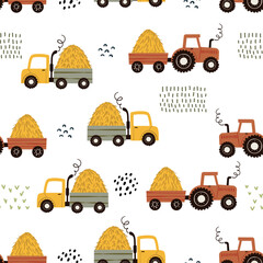 Seamless vector pattern in flat cartoon style. Features a cute composition with tractor and hay truck on a white background. Perfect for kids&rsquo; designs, fabric, wallpaper, and packaging.