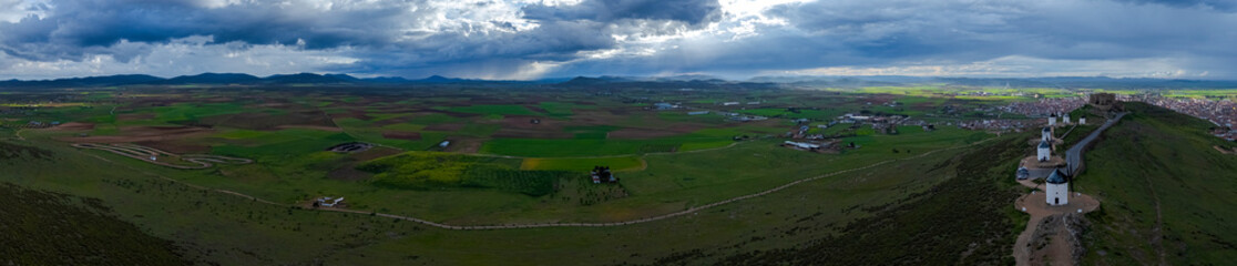 Obraz premium Aerial view of the windmills of Consuegra, Toledo, Castilla-La Mancha, Spain