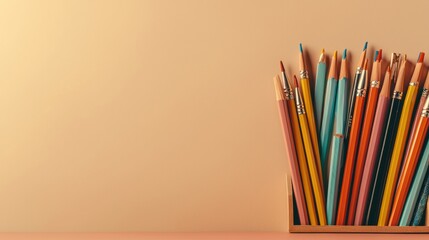 A collection of colorful pencils neatly arranged in a wooden holder sits on a minimalist beige office desk creating a vibrant and organized workspace scene perfect for office
