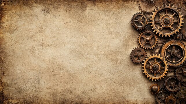 A collection of antique bronze gears and cogwheels arranged on a textured grunge background provides a vintage industrial aesthetic perfect for design projects requi a