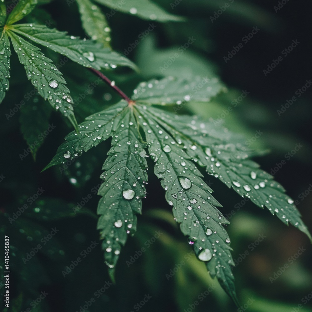 Poster close-up of dew drops resting on a vibrant green leaf with soft blurred background and space for tex