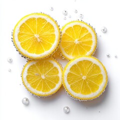 Fresh slices of lemon on a white surface.