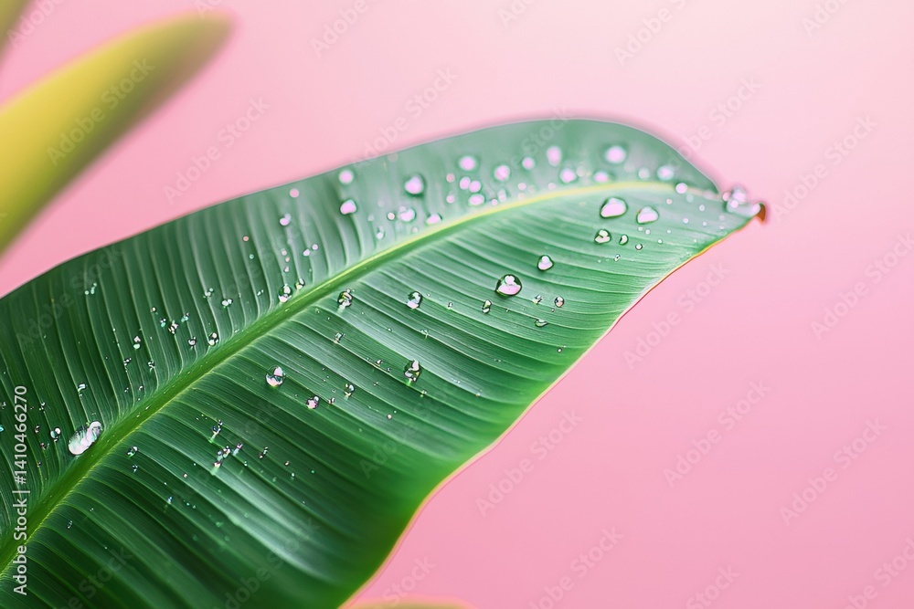 Poster dew drops glisten on a green leaf in soft light with a blurred pink background perfect for calming d