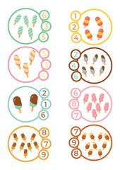 Counting activity with ice cream and numbers. An educational worksheet for children learning to count, with colorful and fun illustrations of ice cream and cones