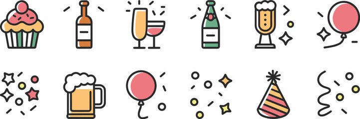 Minimalist vector icons of party essentials including drinks, cupcake, and confetti – Ideal for event planning kits, digital stickers, or party-themed branding.
