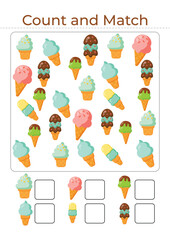 Count and match game with ice cream cones for preschool kids. Fun and colorful educational worksheet to practice counting and matching skills for early learning and number recognition