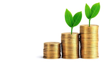 A stack of coins with growing green leaves symbolizes financial growth and sustainability in an eco-friendly economy.