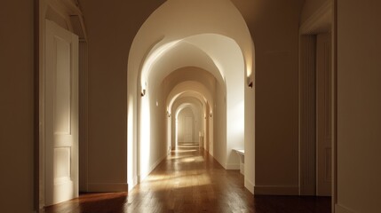 Minimal entry hallway with arched door and no furniture  