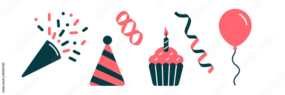 Poster flat vector icons of celebration items arranged in a row – ideal for digital invitations, festive ui