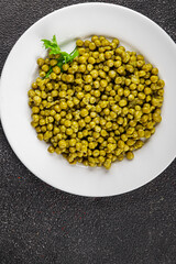 Green peas canned appetizer vegetables dish organic product fresh tasty gourmet food background on the table rustic food top view copy space keto and paleo diet vegetarian and vegan food