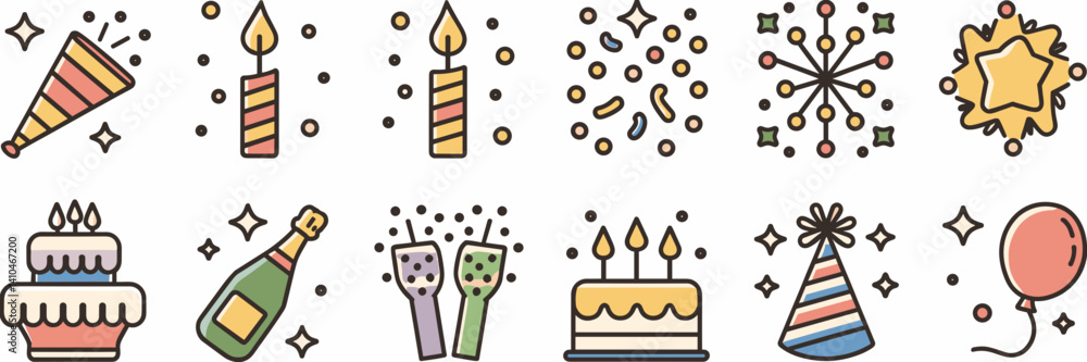 Poster clean style vector icons of party items like champagne, cake, and confetti – ideal for event invitat