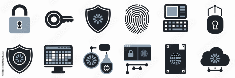Poster flat vector cybersecurity icon set in dark mode – perfect for tech presentations, data privacy conte