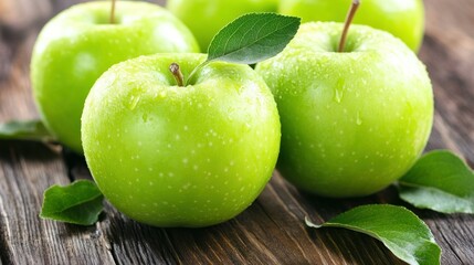 Green apples with leaves resting on a wooden surface
