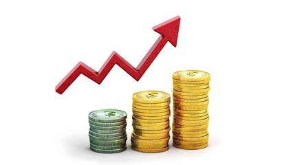 A graphic representation of increasing financial growth, featuring stacked coins and a rising arrow indicating upward trends.