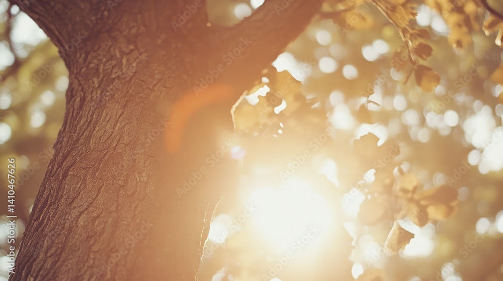 Poster sunlight illuminates a tree trunk with leaves in a bright view
