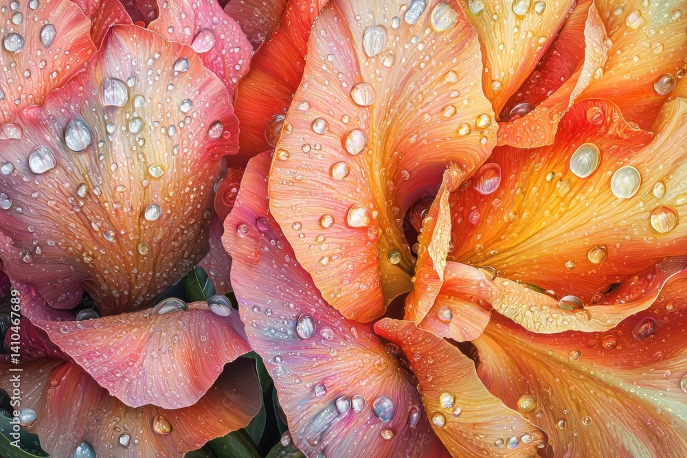 Poster close-up view of vibrant spring flowers with raindrops sparkling under sunlight showcasing intricate