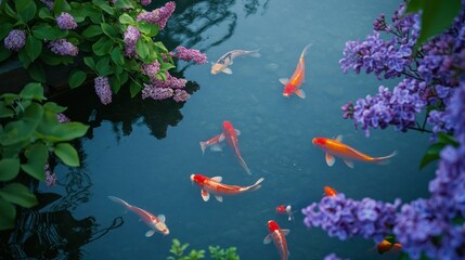 Colorful koi fish swimming in a tranquil water garden setting