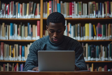 Man studying diligently in library, focused on laptop screen amid shelves of books.