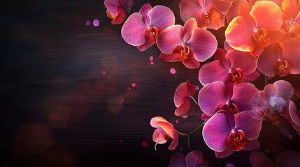 Fototapeta na wymiar Vibrant pink orchids gracefully bloom against a dark wooden backdrop.