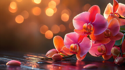Fototapeta na wymiar Vibrant pink orchids in a warm sunset glow.