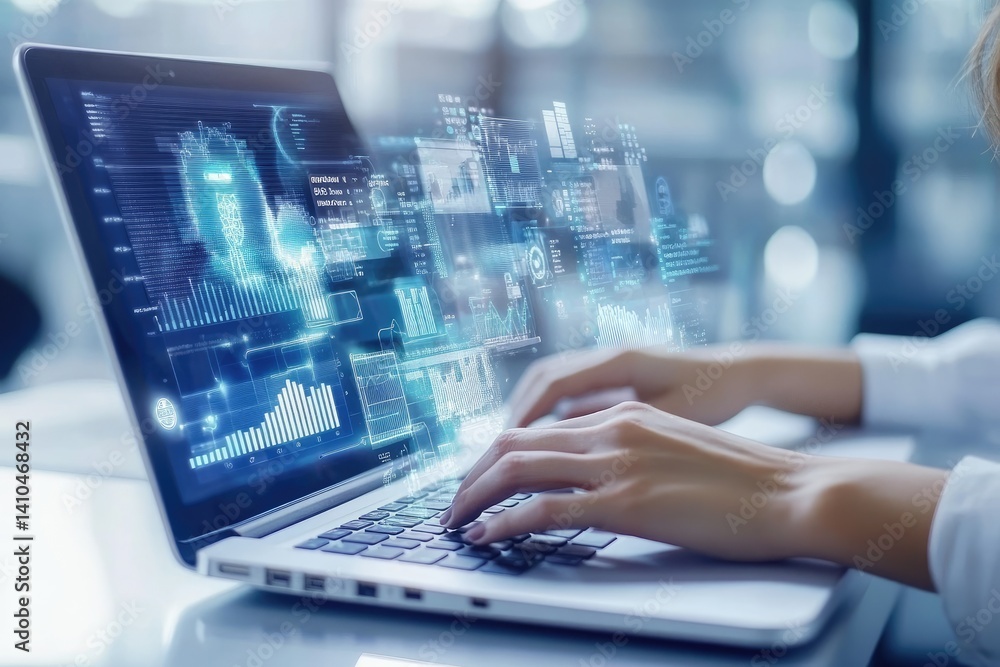 Poster data analysis visualized on a laptop screen, showcasing charts, graphs, and key performance indicato