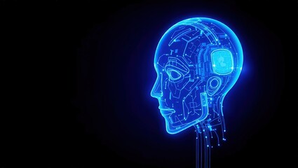 Obraz premium Abstract Blue Digital Robot Head Hologram, Futuristic Technology Concept, Dark Background