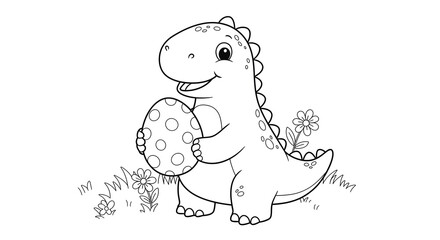 Cute Dinosaur with Egg and Flowers - Black and White Coloring Page
